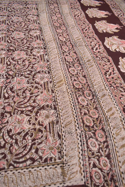 Dark Maroon Kalamkari Pure Cotton Pretty Peach Floral Printed Saree