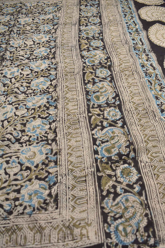 Black Kalamkari Pure Cotton Blue Floral Printed Saree