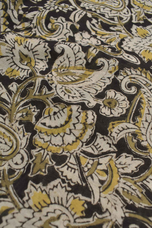 Black Kalamkari Pure Cotton Yellow Paisley Printed Saree