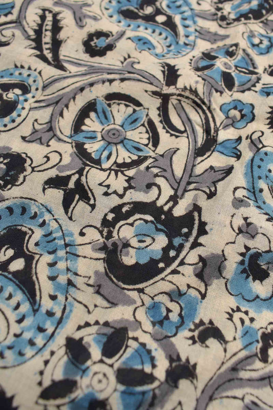 Off White Kalamkari Pure Cotton Blue Mango Printed Saree