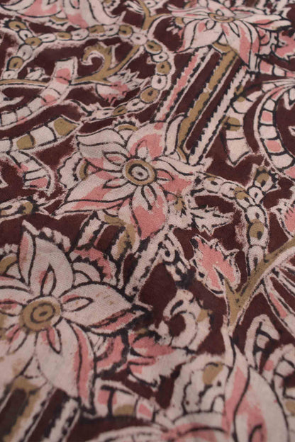 Dark Maroon Kalamkari Pure Cotton Pretty Peach Floral Printed Saree