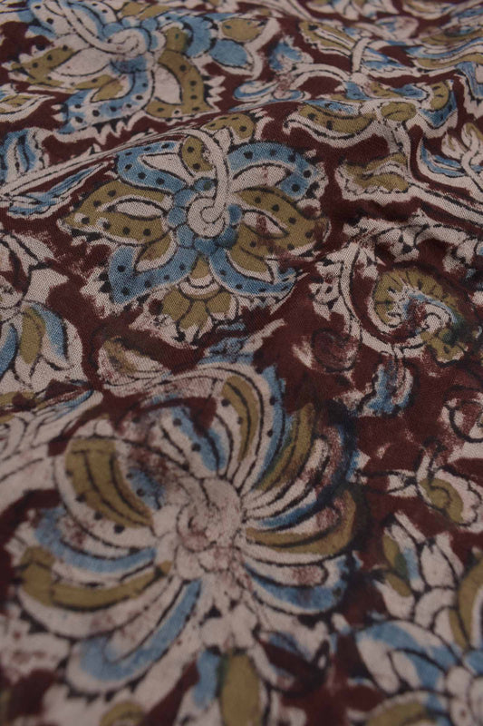 Maroon Kalamkari Pure Cotton Blue Floral Printed Saree