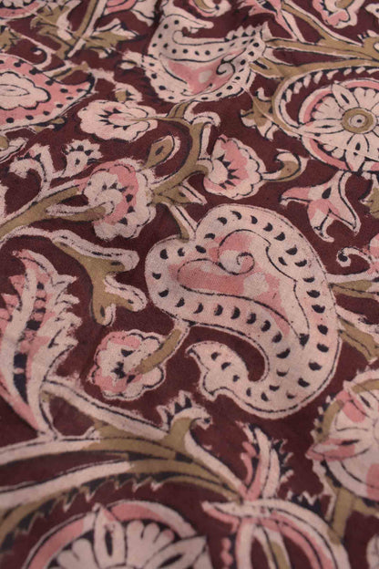 Dark Maroon Kalamkari Pure Cotton Pink Pretty Floral Printed Saree