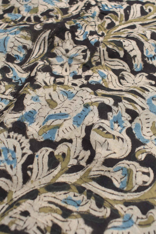 Black Kalamkari Pure Cotton Blue Floral Printed Saree