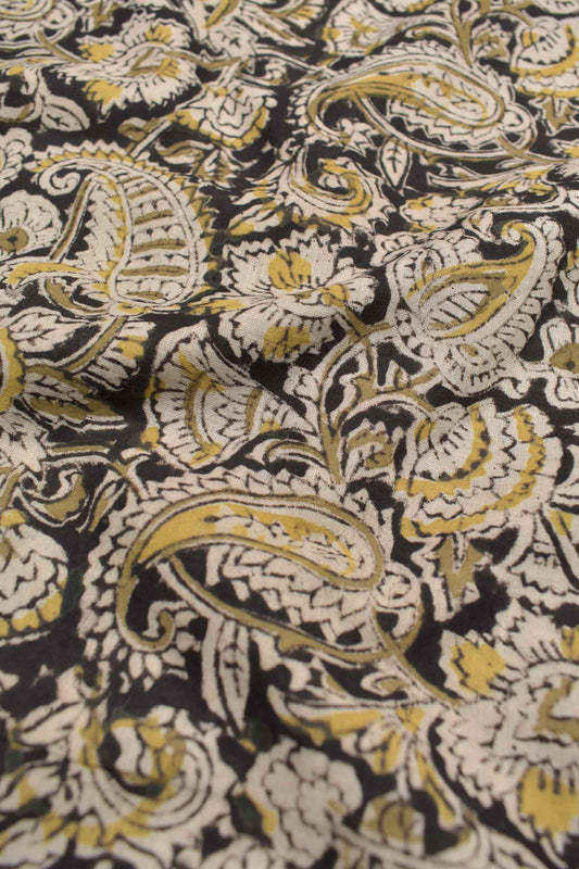 Black Kalamkari Pure Cotton Yellow Paisley Printed Saree