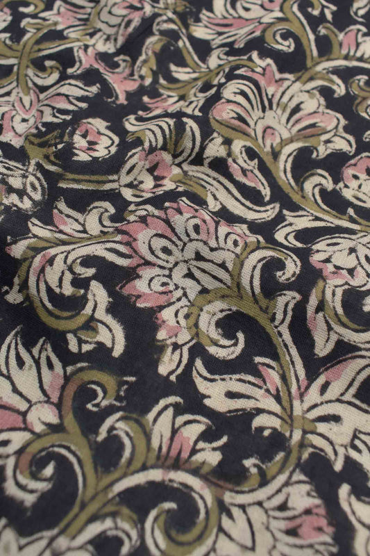 Black Kalamkari Pure Cotton Midnight Gardenia Printed Saree