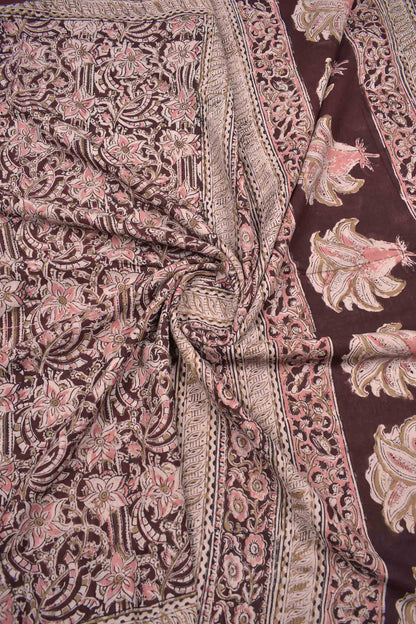 Dark Maroon Kalamkari Pure Cotton Pretty Peach Floral Printed Saree