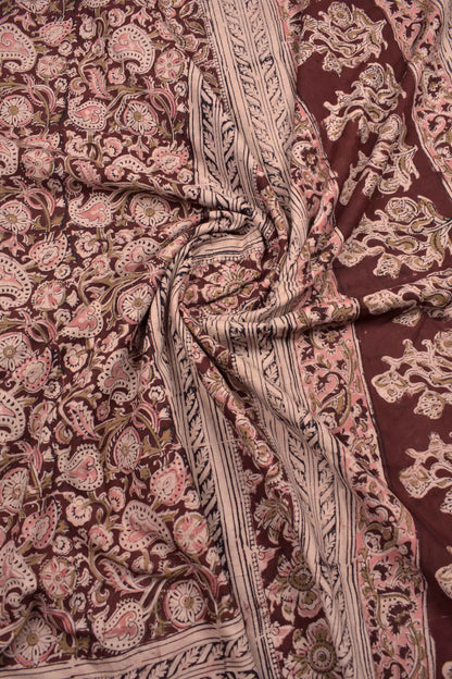 Dark Maroon Kalamkari Pure Cotton Pink Pretty Floral Printed Saree