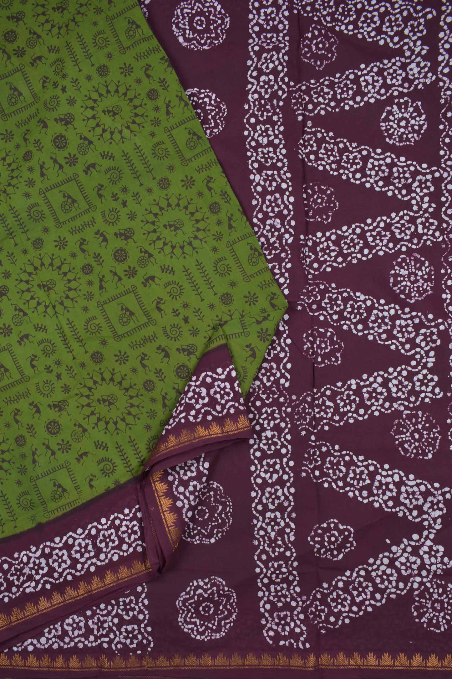 Dark Olive Green Pure Sungudi Cotton Warli Print Contrast Border Pallu Saree