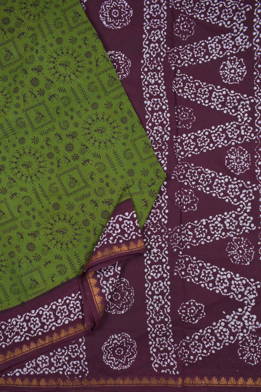 Dark Olive Green Pure Sungudi Cotton Warli Print Contrast Border Pallu Saree