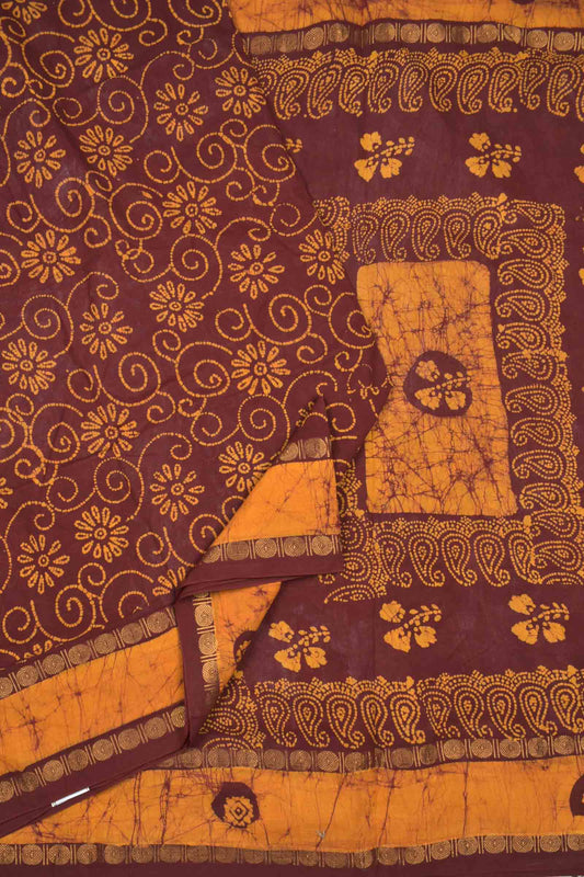 Dark Brown With Yellow Pure Sungudi Cotton Floral Fancy Printed Saree