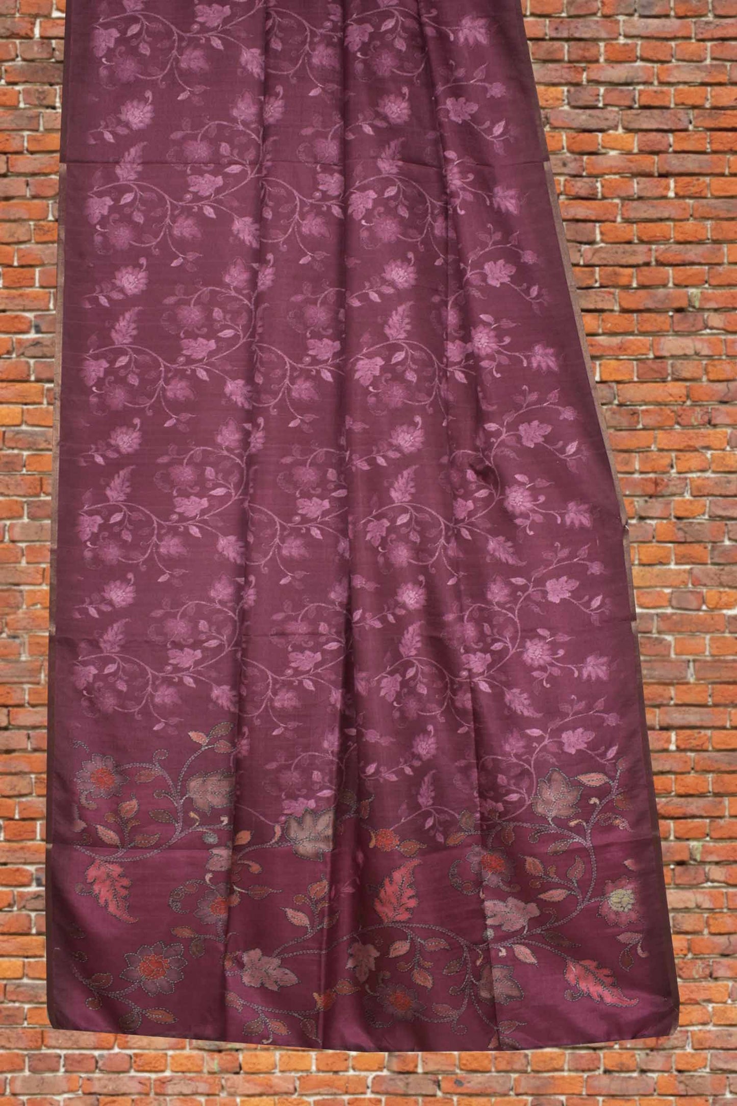 Wine Purple Floral Vines Print Malai Semi Silk Saree