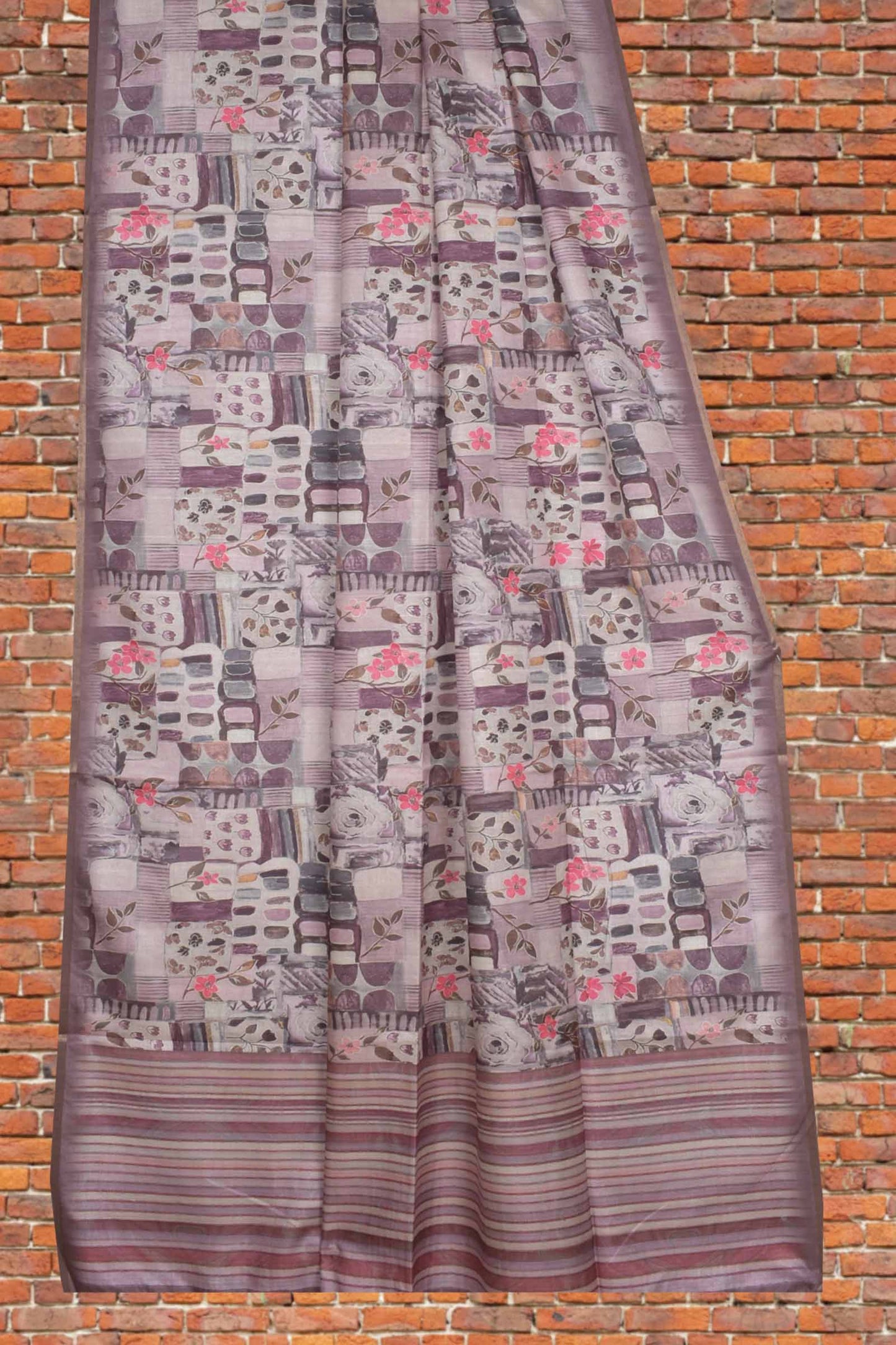 Pink Mauve Floral Frames Malai Semi Silk Saree