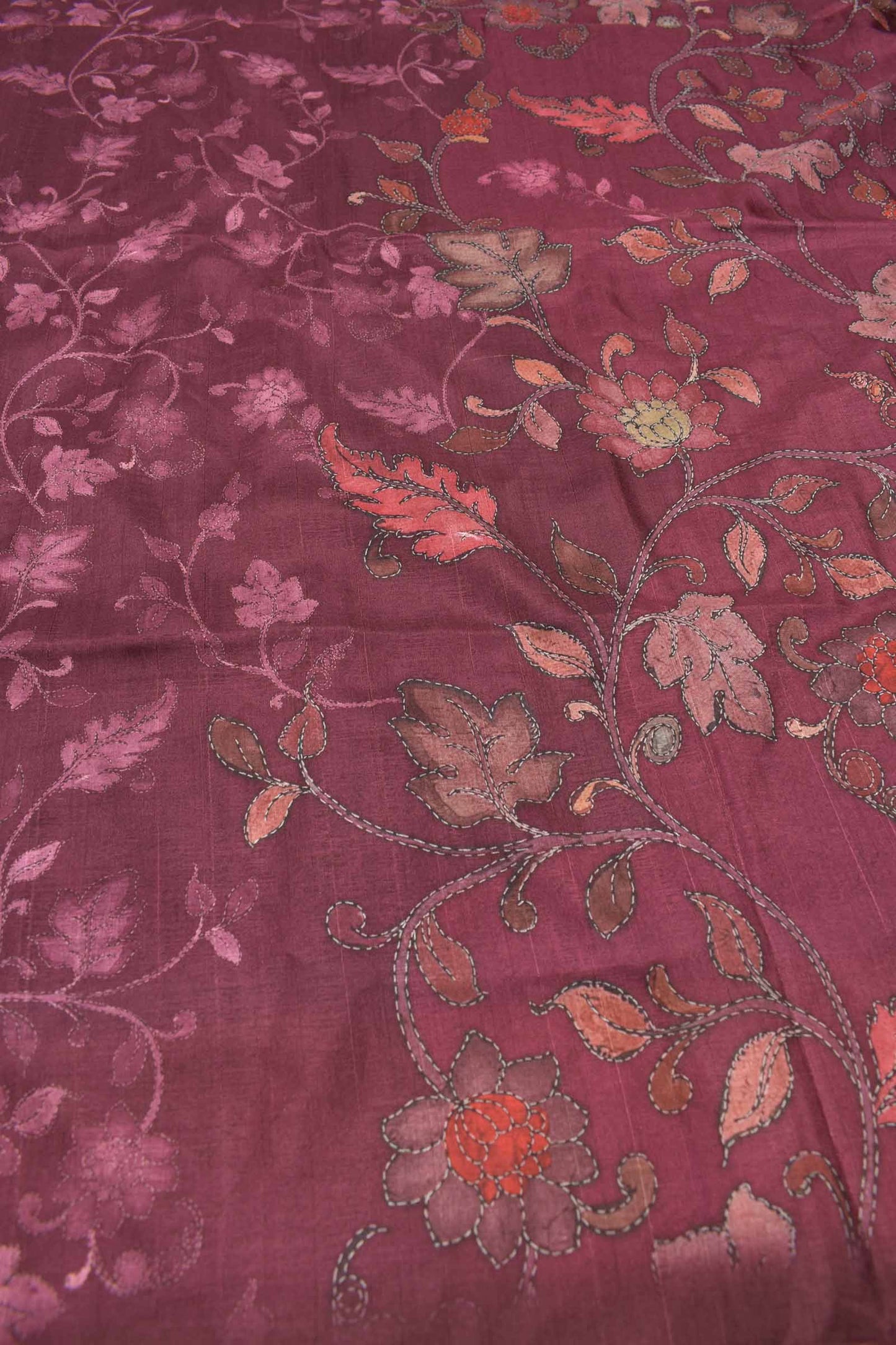 Wine Purple Floral Vines Print Malai Semi Silk Saree