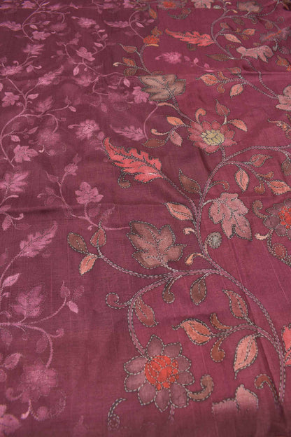 Wine Purple Floral Vines Print Malai Semi Silk Saree