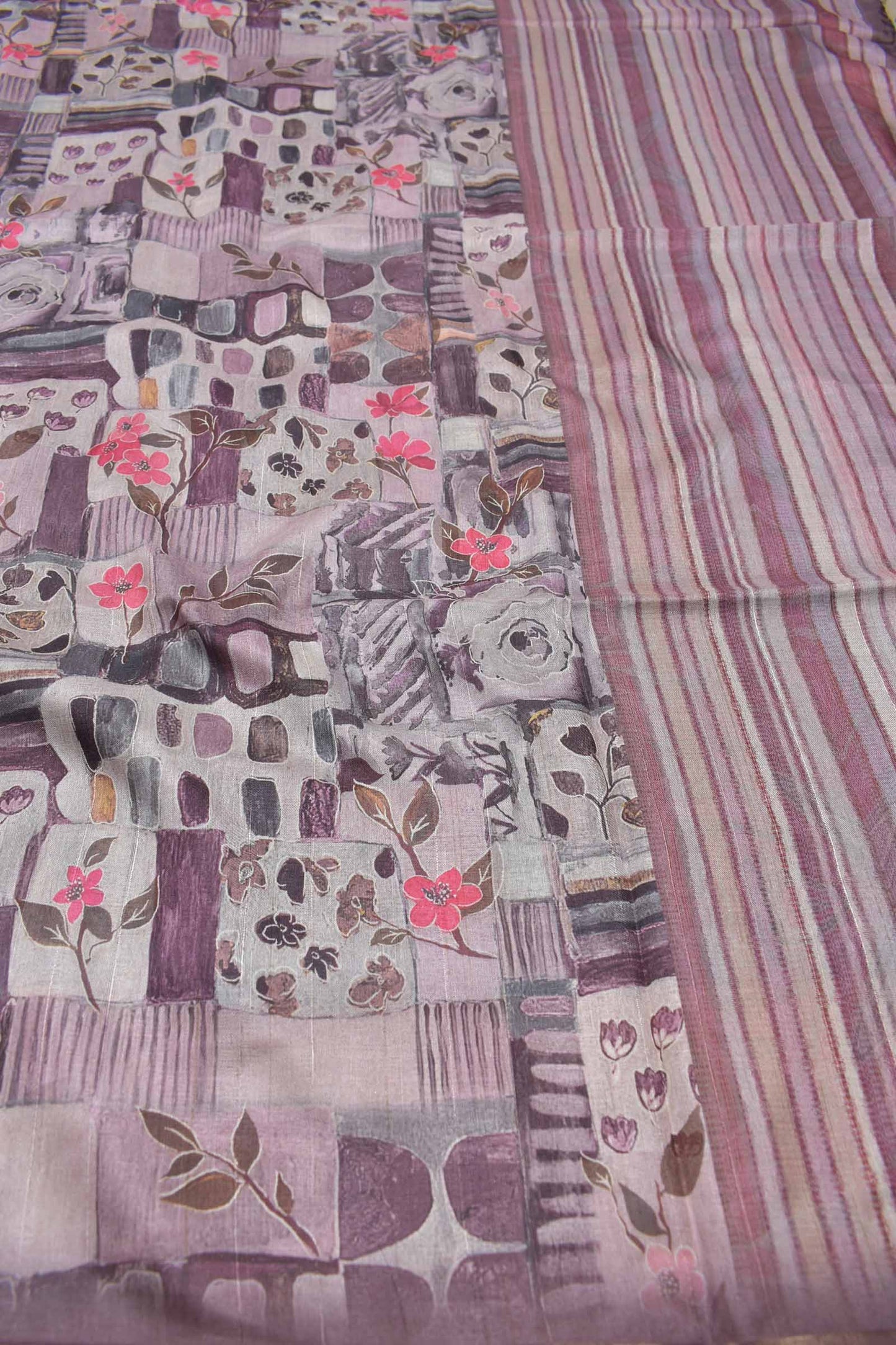 Pink Mauve Floral Frames Malai Semi Silk Saree