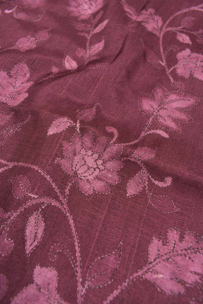 Wine Purple Floral Vines Print Malai Semi Silk Saree