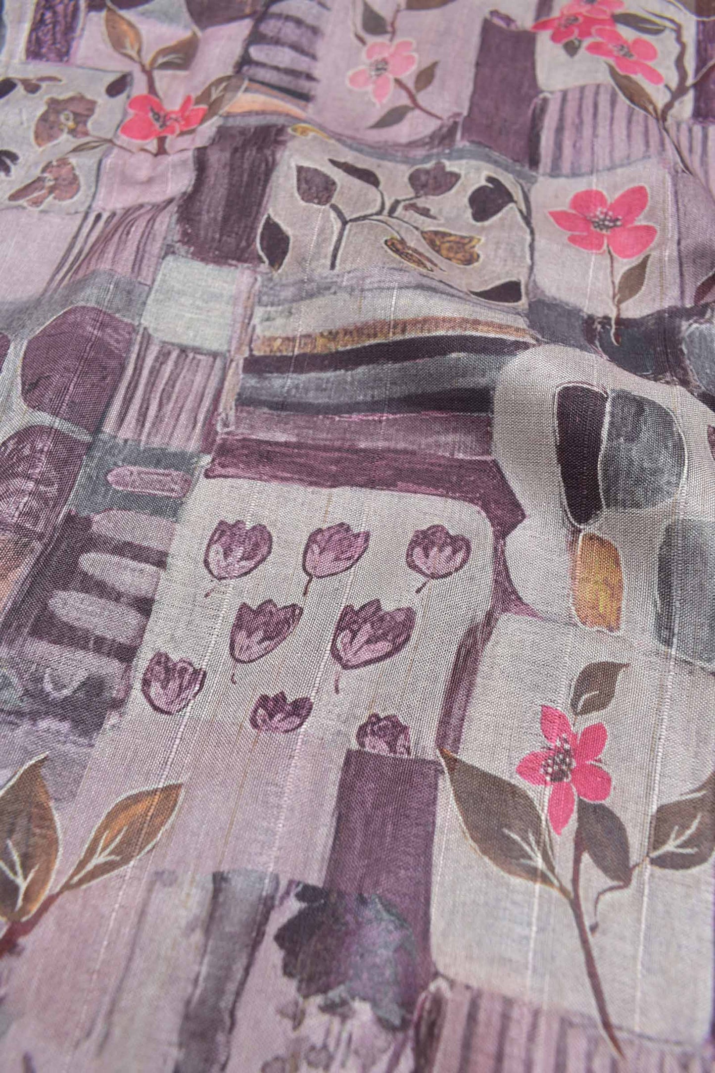 Pink Mauve Floral Frames Malai Semi Silk Saree