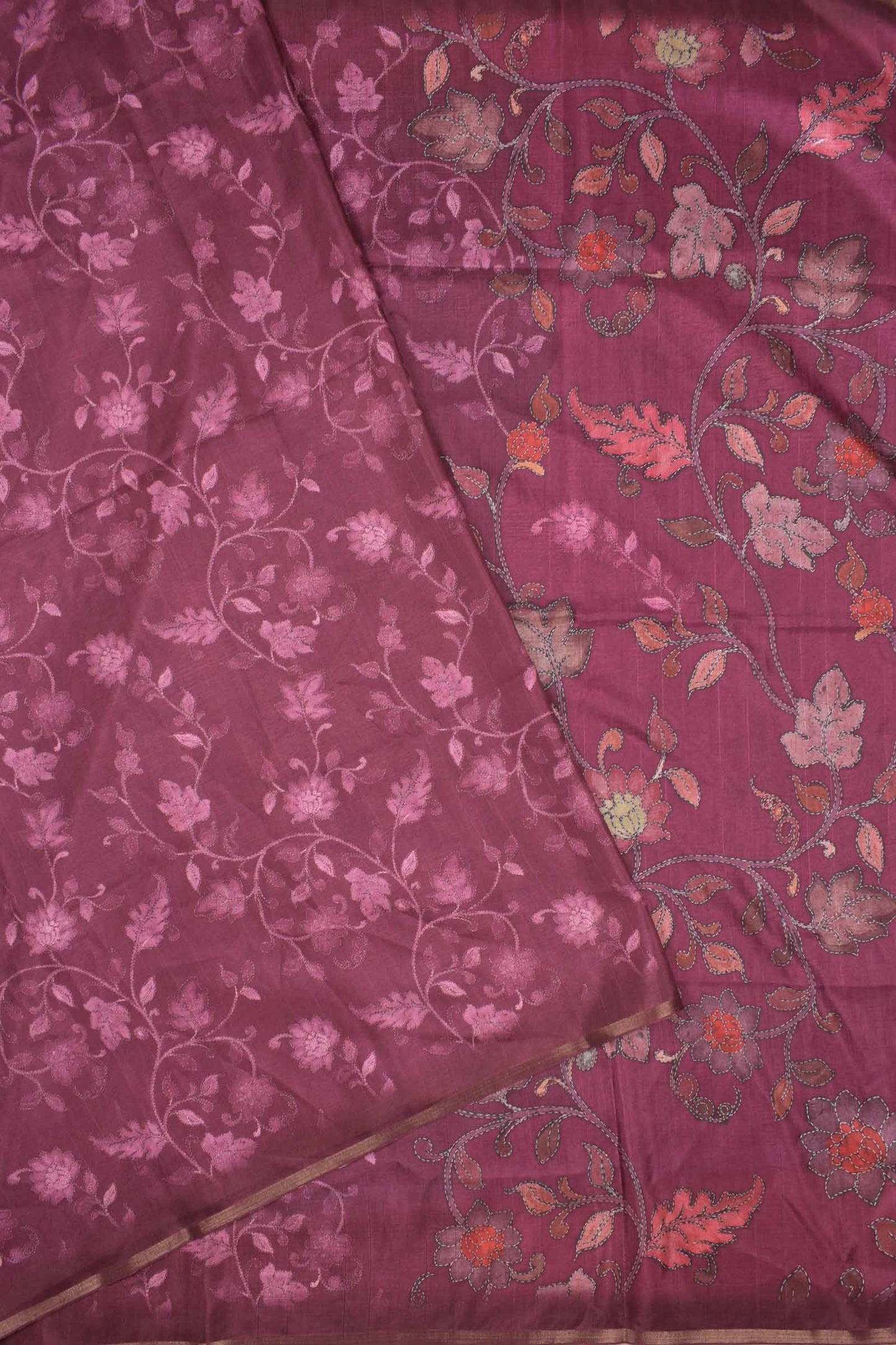 Wine Purple Floral Vines Print Malai Semi Silk Saree