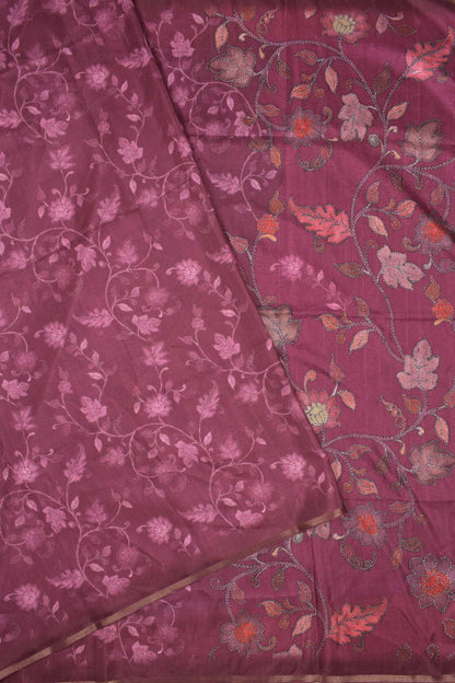Wine Purple Floral Vines Print Malai Semi Silk Saree