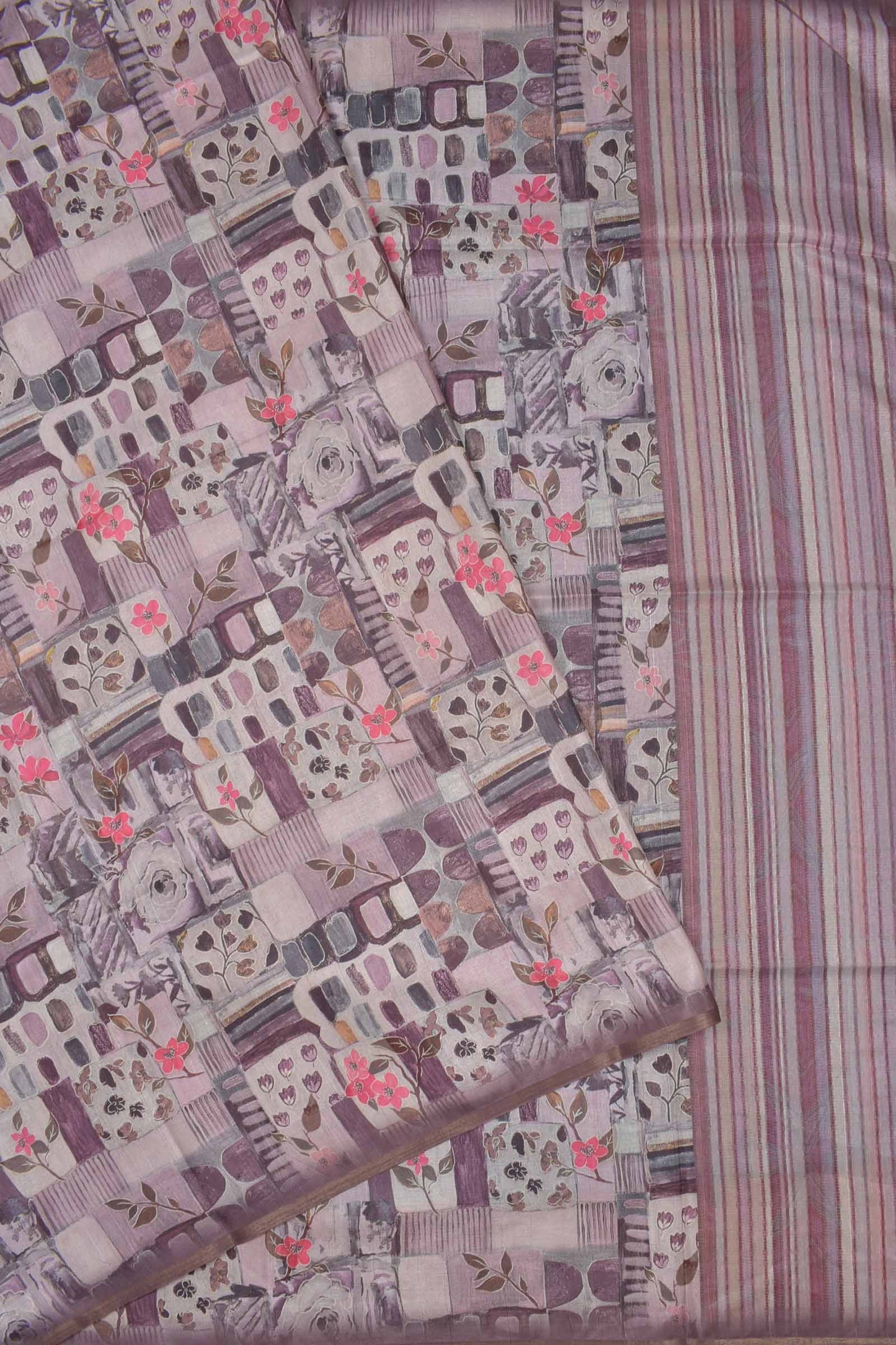 Pink Mauve Floral Frames Malai Semi Silk Saree