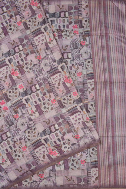 Pink Mauve Floral Frames Malai Semi Silk Saree