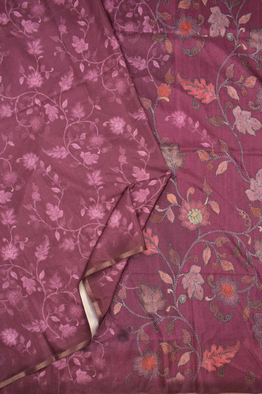 Wine Purple Floral Vines Print Malai Semi Silk Saree