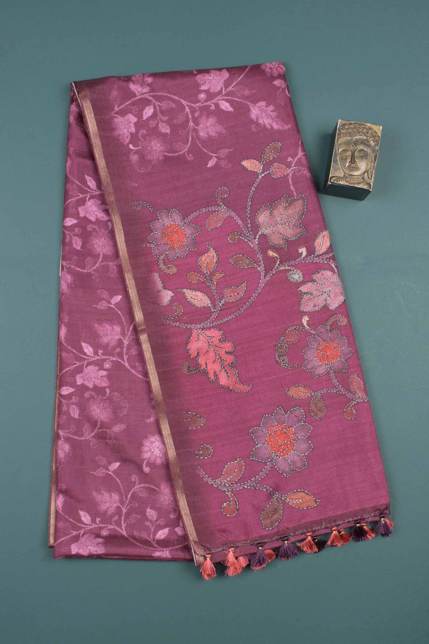 Wine Purple Floral Vines Print Malai Semi Silk Saree