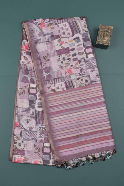 Pink Mauve Floral Frames Malai Semi Silk Saree