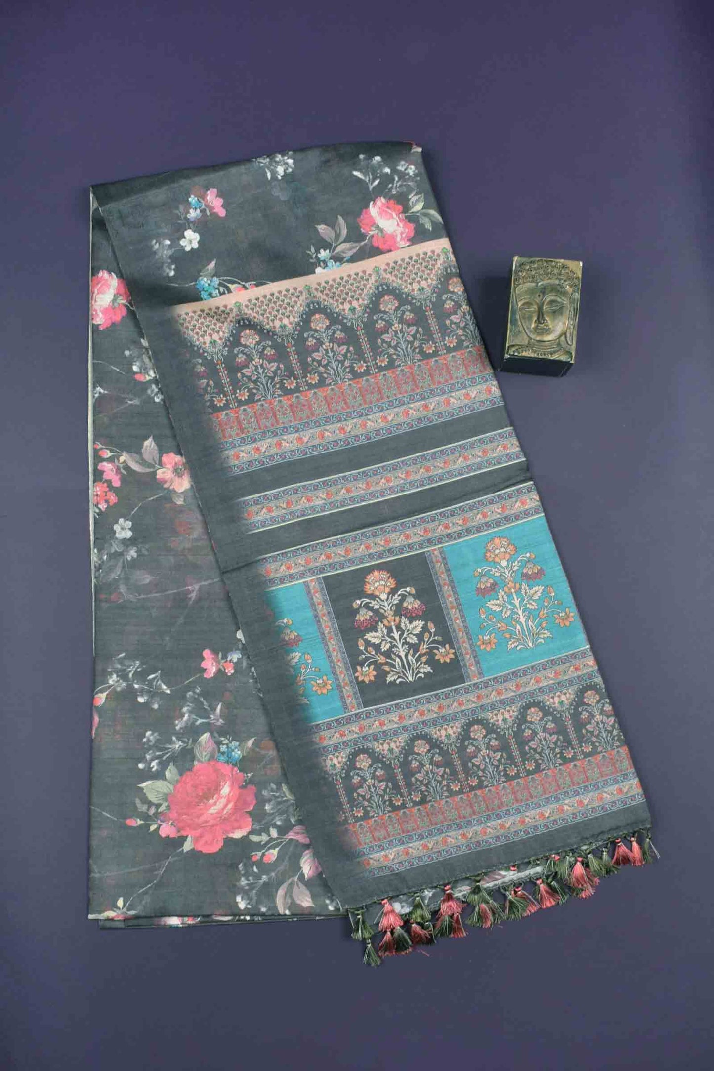Rich Grey Floral Munga Semi Silk Saree