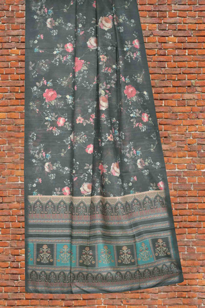 Rich Grey Floral Munga Semi Silk Saree