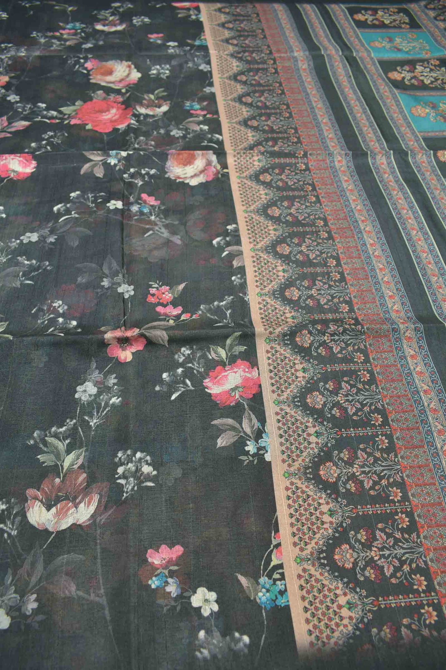 Rich Grey Floral Munga Semi Silk Saree