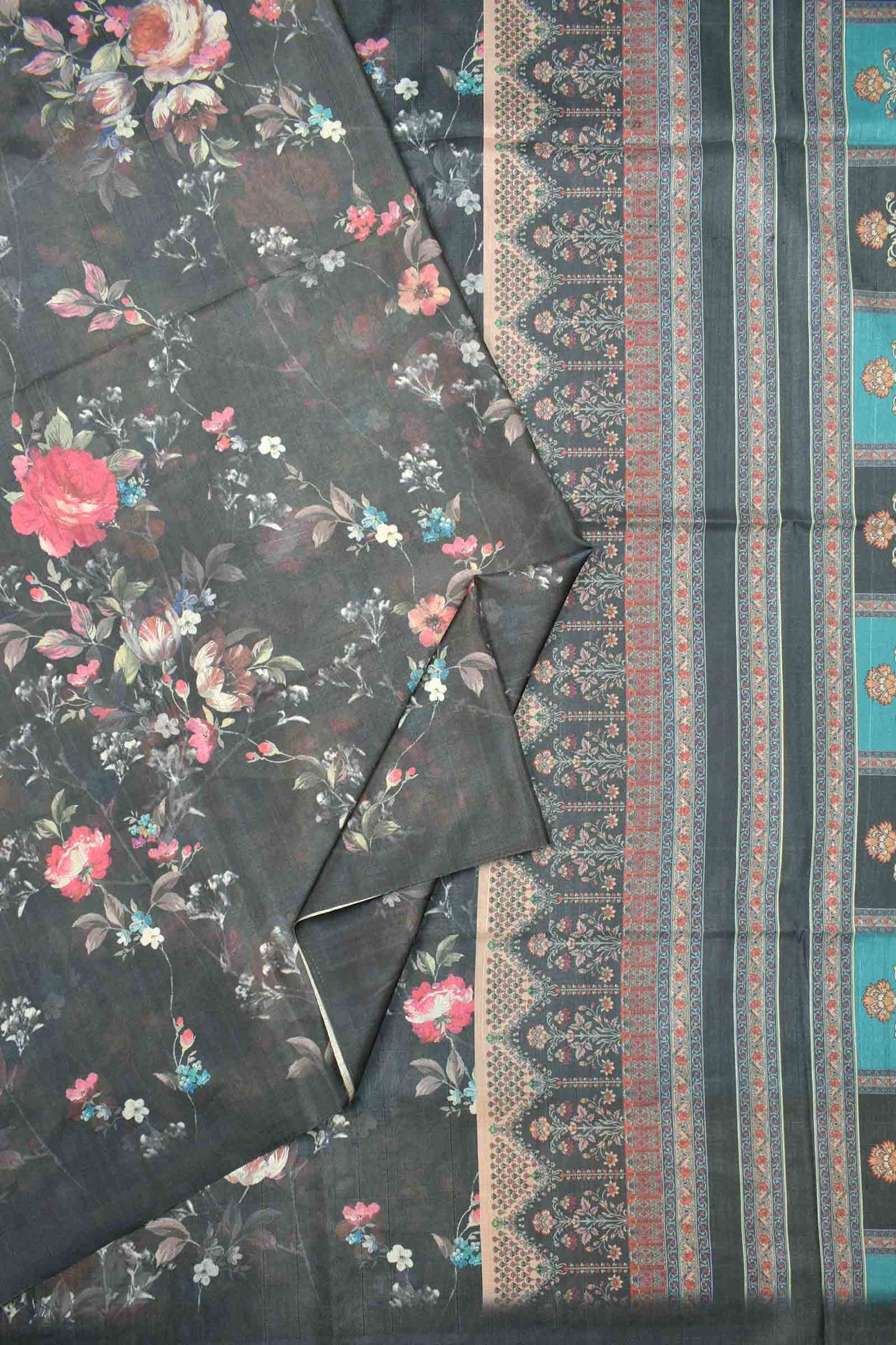 Rich Grey Floral Munga Semi Silk Saree