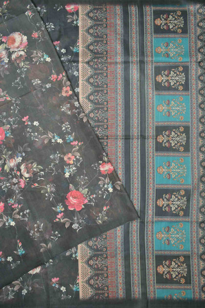 Rich Grey Floral Munga Semi Silk Saree