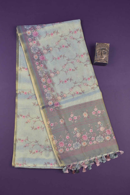 Pastel Green Floral Vines Golden Metalic Semi Tissue Silk Saree