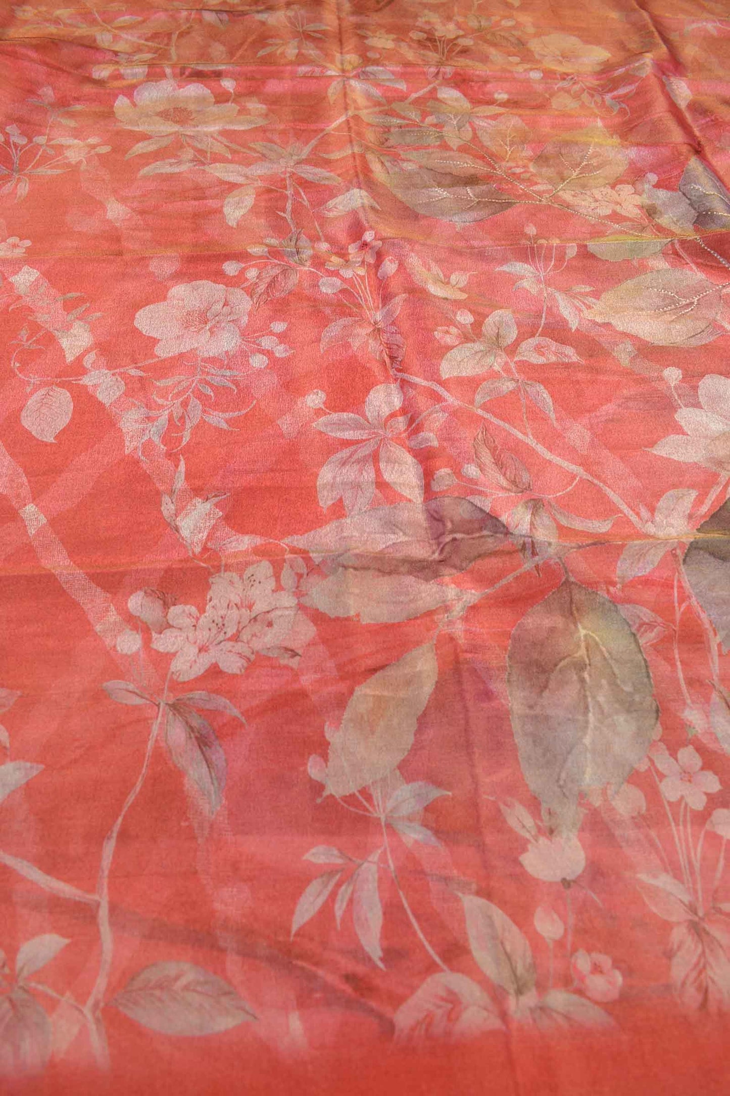 Orange Pink Natures Bloom Semi Golden Metalic Tissue Silk Saree