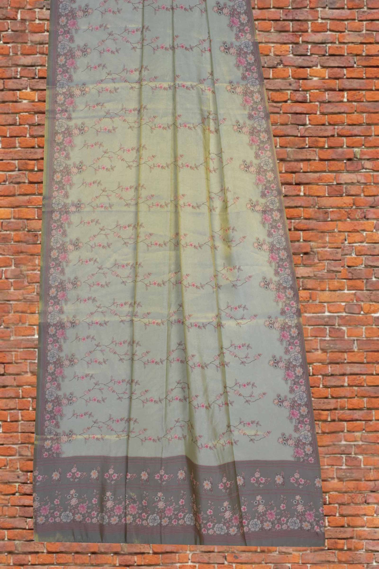 Pastel Green Floral Vines Golden Metalic Semi Tissue Silk Saree