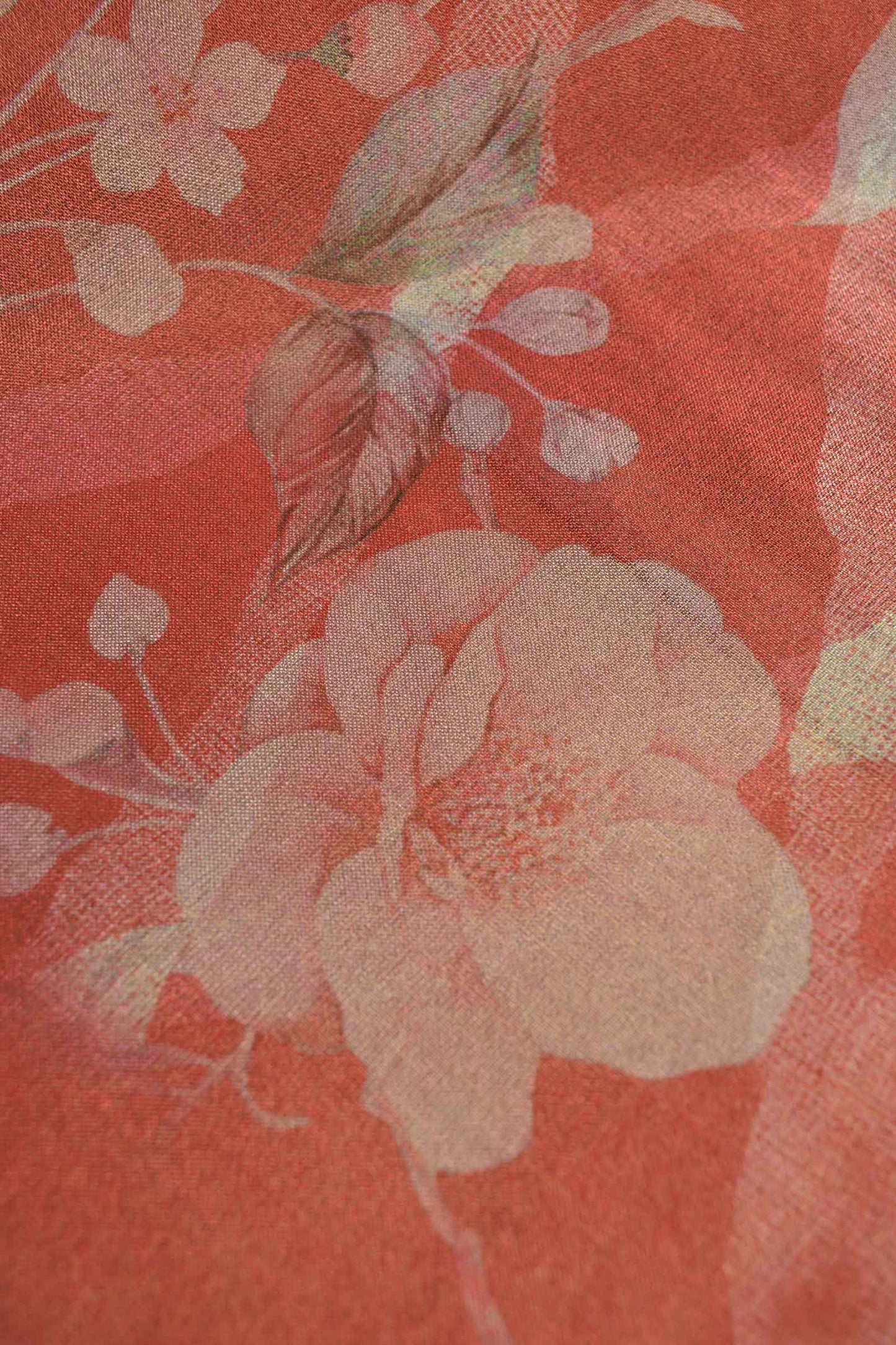 Orange Pink Natures Bloom Semi Golden Metalic Tissue Silk Saree