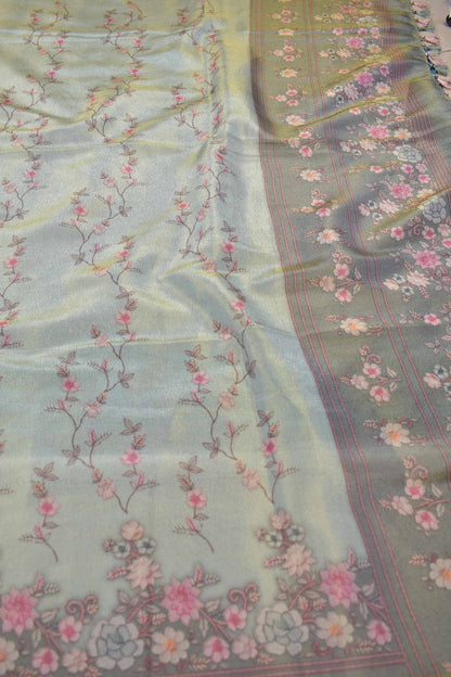 Pastel Green Floral Vines Golden Metalic Semi Tissue Silk Saree