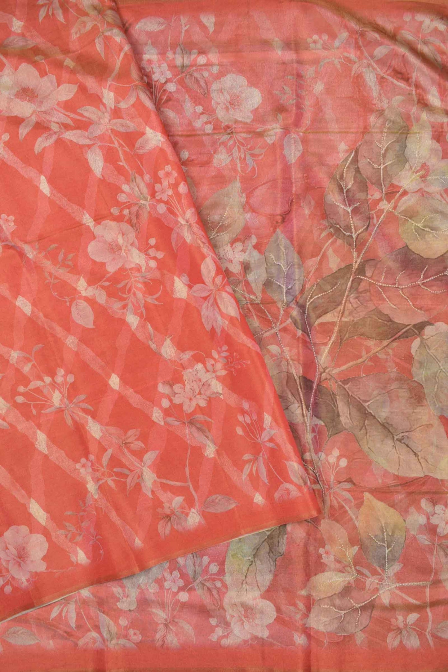 Orange Pink Natures Bloom Semi Golden Metalic Tissue Silk Saree