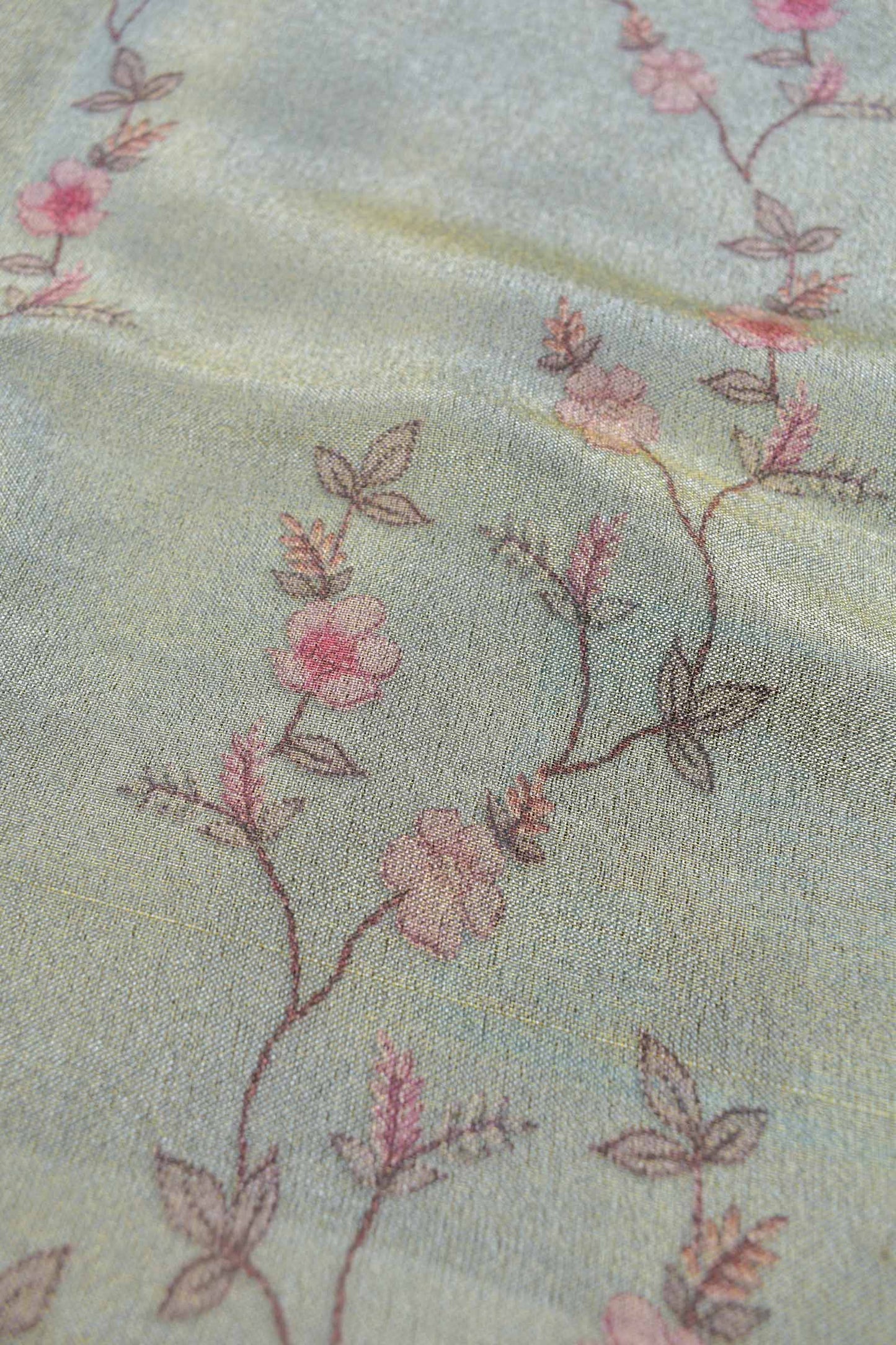 Pastel Green Floral Vines Golden Metalic Semi Tissue Silk Saree