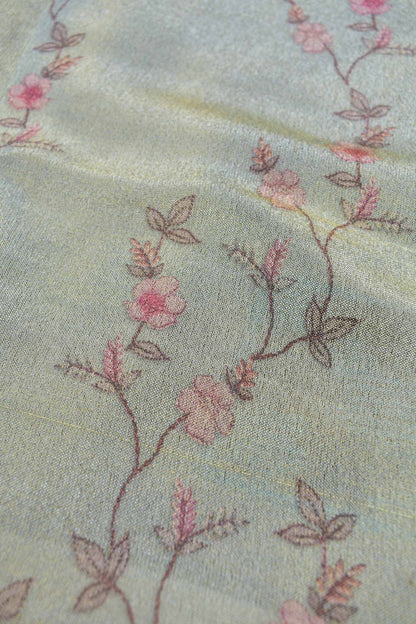 Pastel Green Floral Vines Golden Metalic Semi Tissue Silk Saree