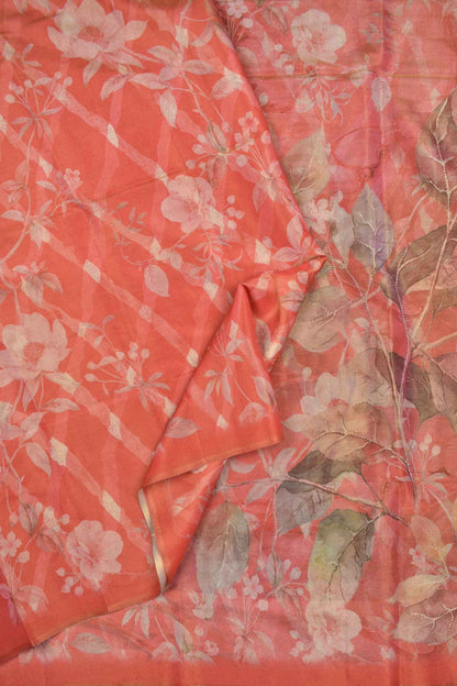 Orange Pink Natures Bloom Semi Golden Metalic Tissue Silk Saree