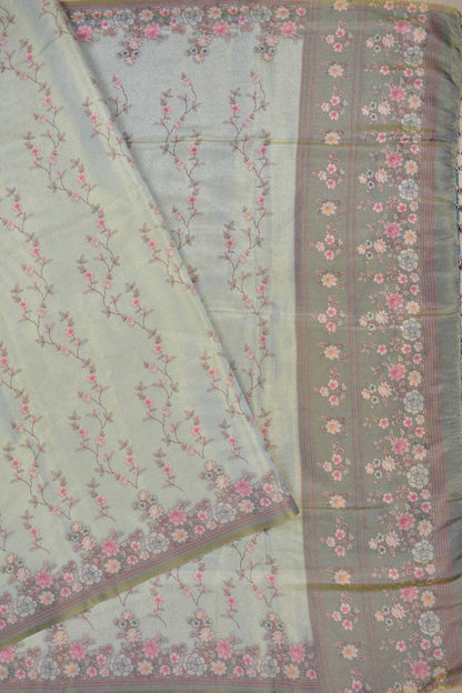 Pastel Green Floral Vines Golden Metalic Semi Tissue Silk Saree