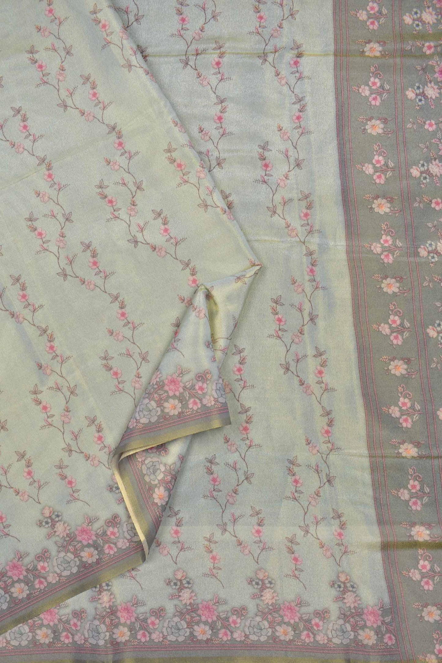 Pastel Green Floral Vines Golden Metalic Semi Tissue Silk Saree