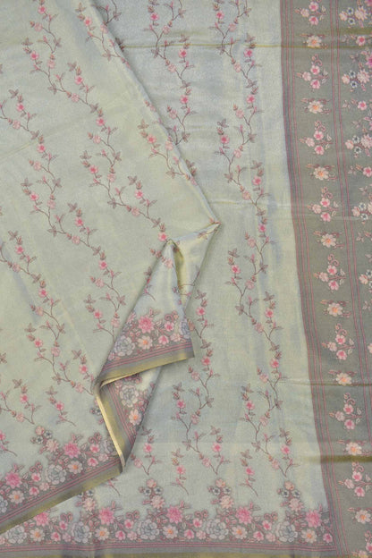 Pastel Green Floral Vines Golden Metalic Semi Tissue Silk Saree