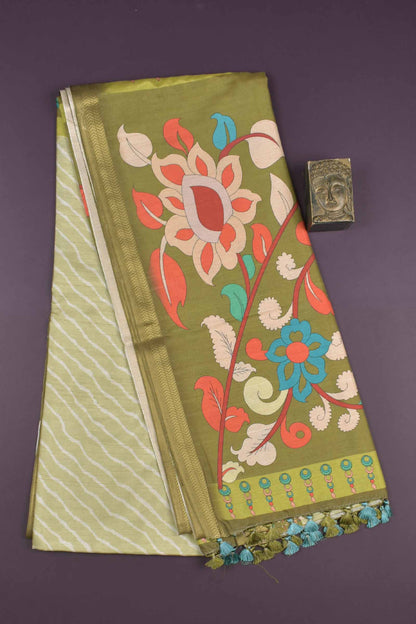 Light Green Semi Silk Leheriya Inspired Stripes Kalamkari Pallu Saree