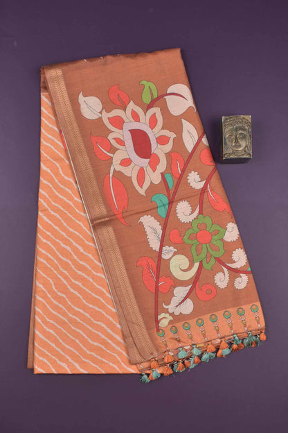Orange Semi Silk Leheriya Inspired Stripes Kalamkari Pallu Saree