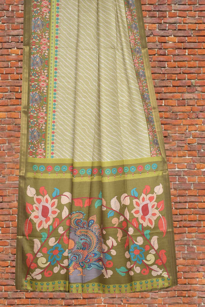 Light Green Semi Silk Leheriya Inspired Stripes Kalamkari Pallu Saree