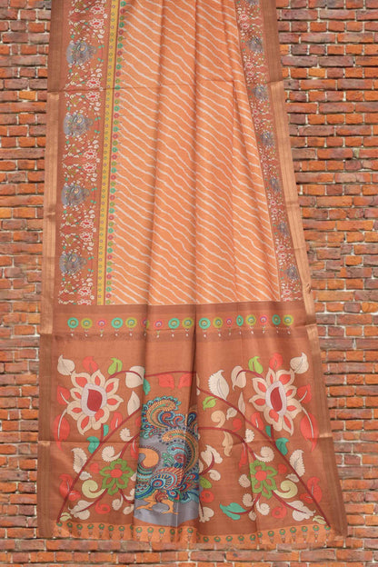 Orange Semi Silk Leheriya Inspired Stripes Kalamkari Pallu Saree